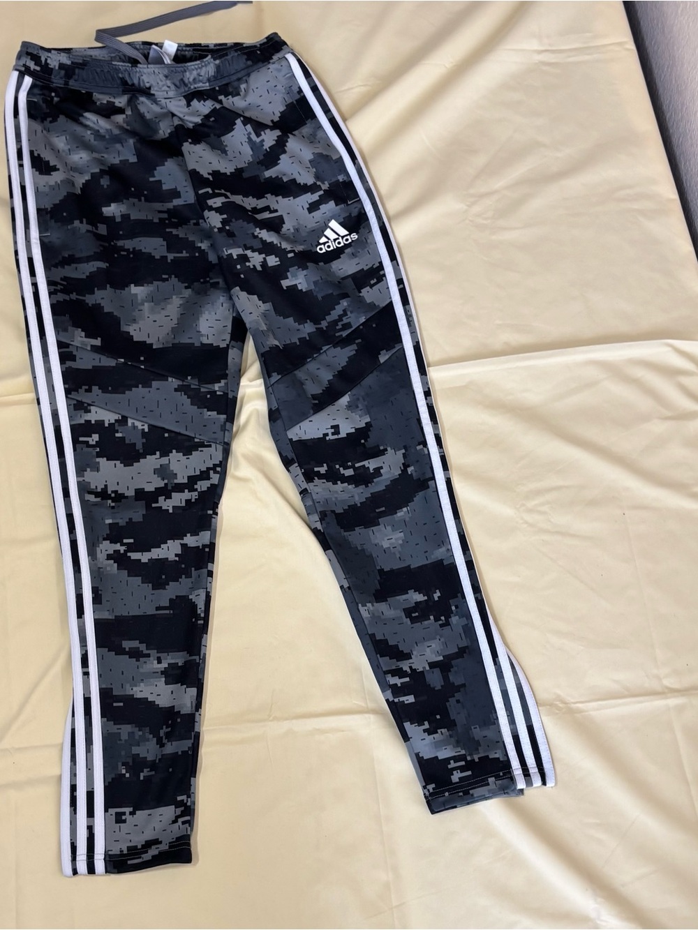 Adidas Track Pants-Men’s Black & Gray Camo Leggings with 3 White Stripes